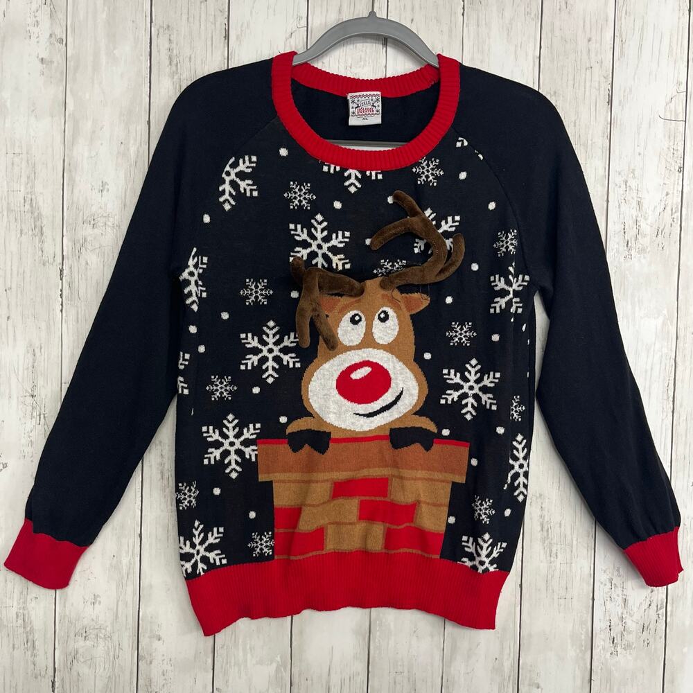 Well Worn Brand Rudolph Reindeer Ugly Sweater Holiday Christmas Knit Sweater XL